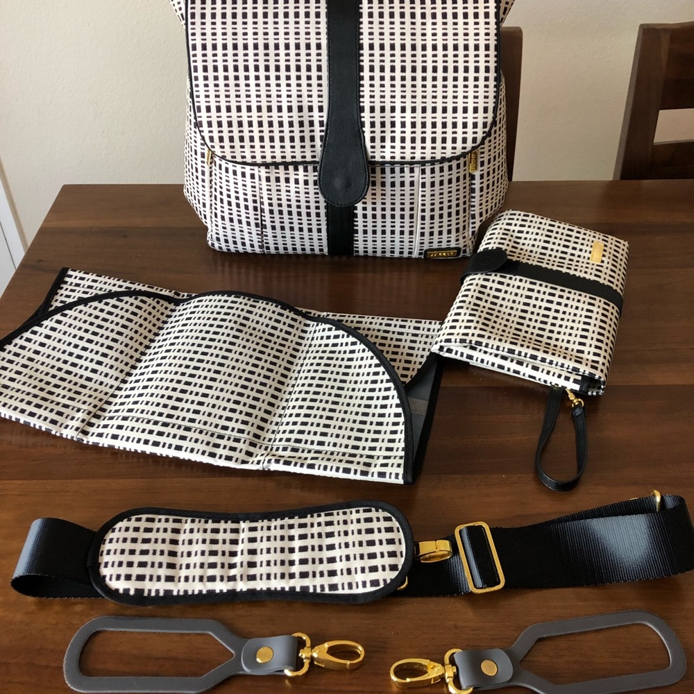 JJ Cole black and ivory diaper bag & changing pads